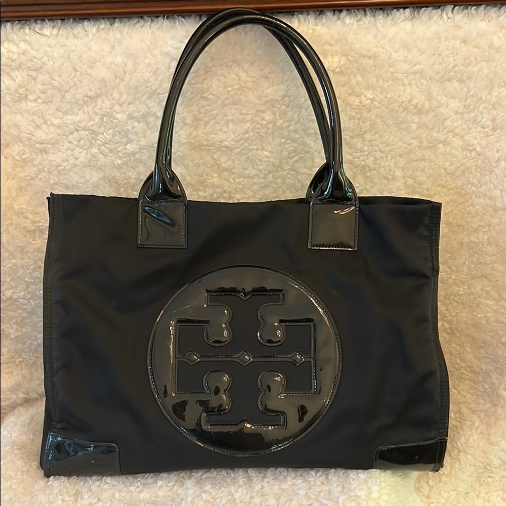 Tory Burch Black Logo Tote Bag with Patent Trim 17x12
